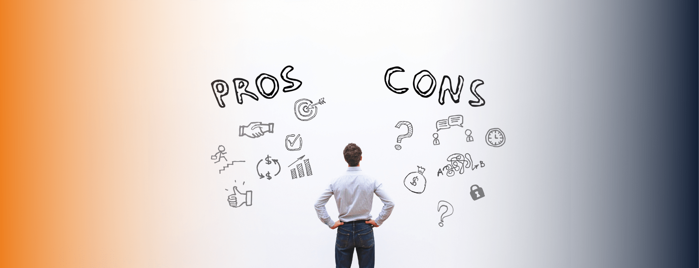 A Man facing a white board looking at a list of pros and cons